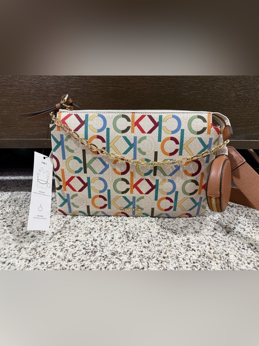 Calvin Klein Multicolor Logo Crossbody Bag Zip Gold Chain Coin Purse